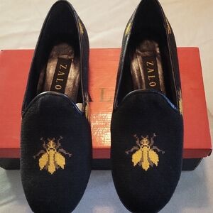 Zalo Black Loafers with Yellow Insect Motif